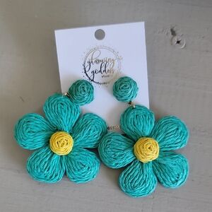 Teal and Yellow Flower Earrings